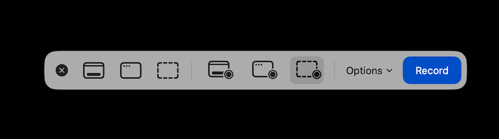 macOS screen recording toolbar in QuickTime Player — select entire screen, window, or portion, then click Record.