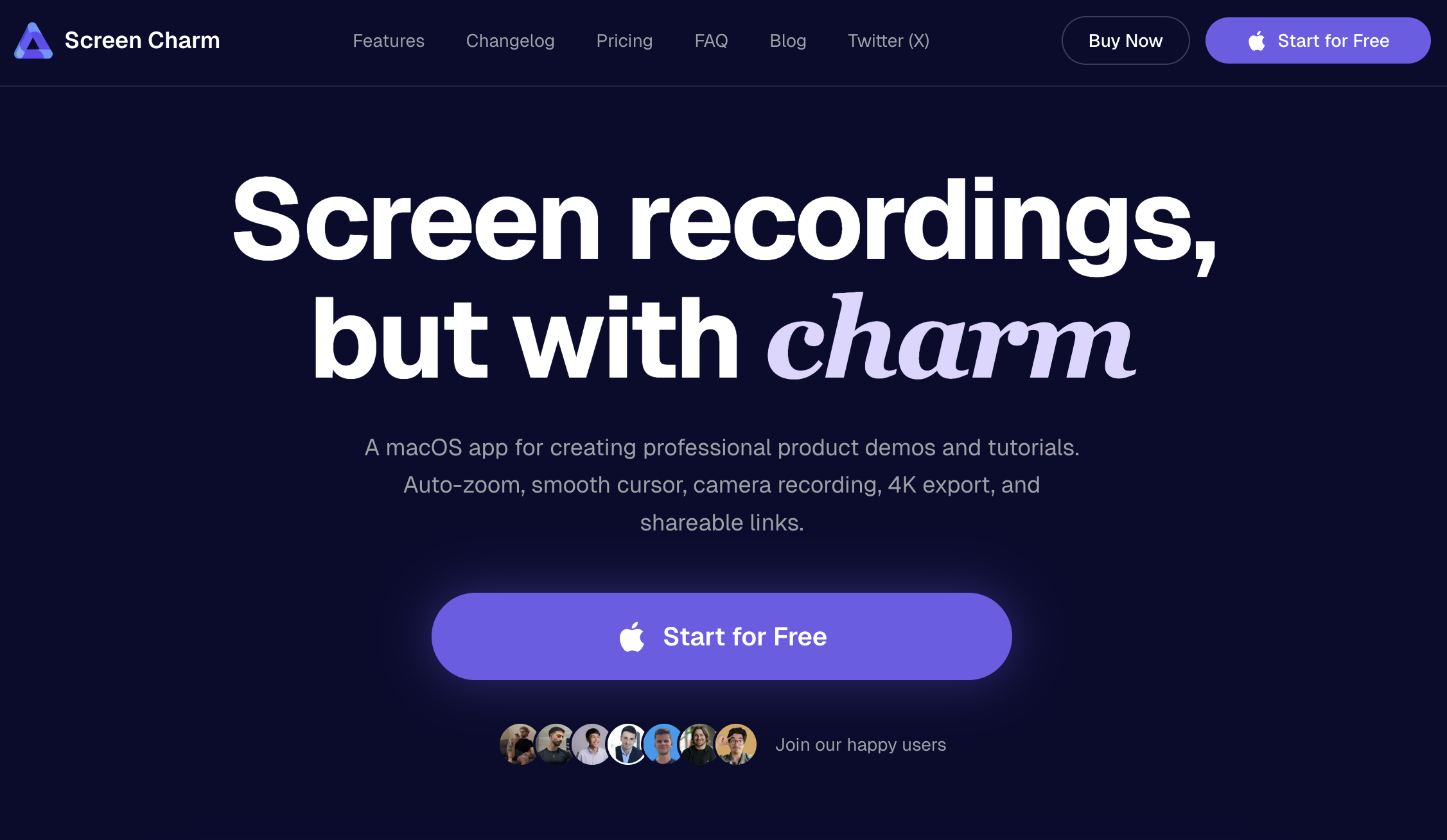 Screen Charm editor showing a polished Mac screen recording workflow with auto-zoom, timeline editing, and export controls.