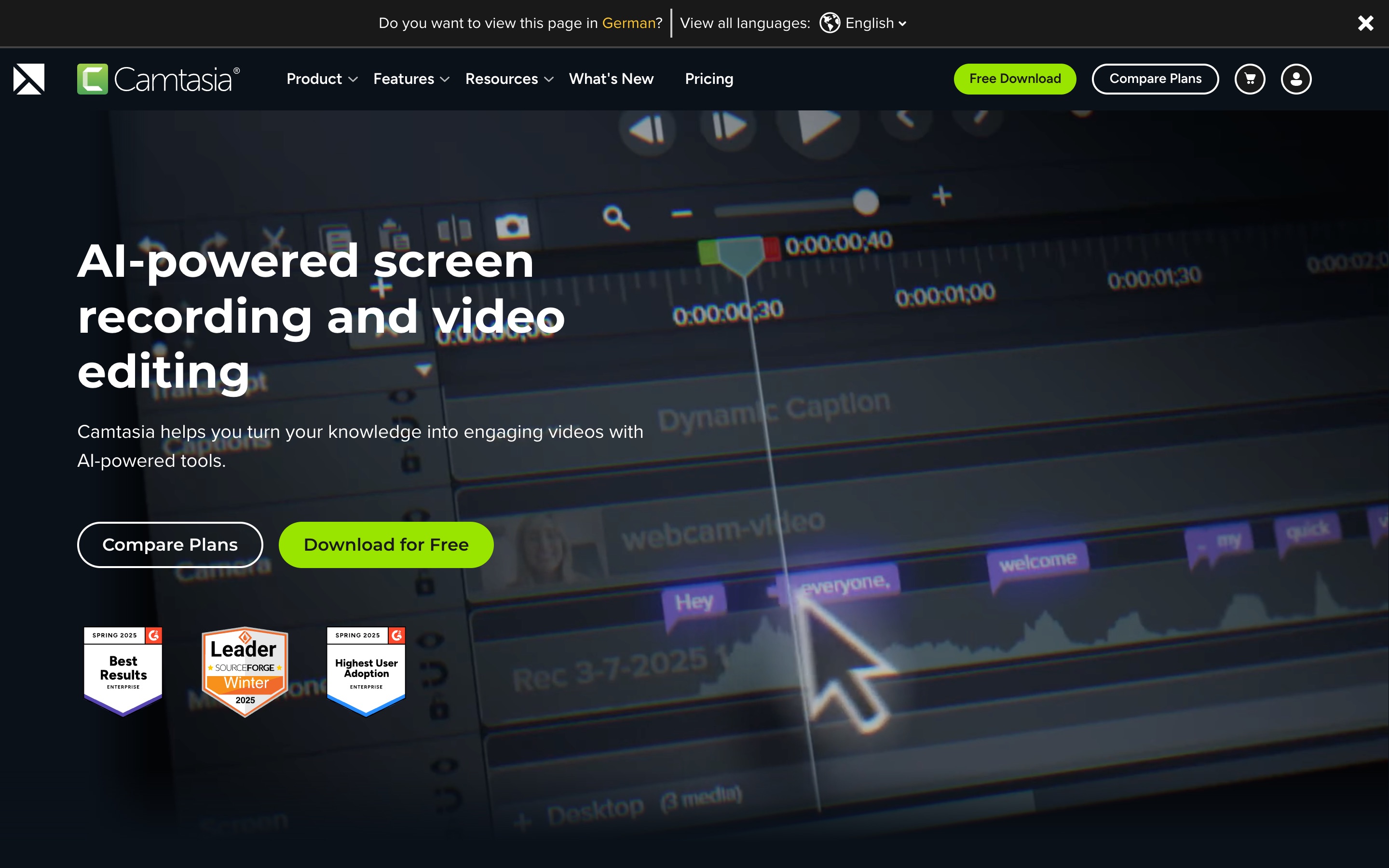Camtasia homepage showing screen recording and video editing tools for tutorials and training videos.