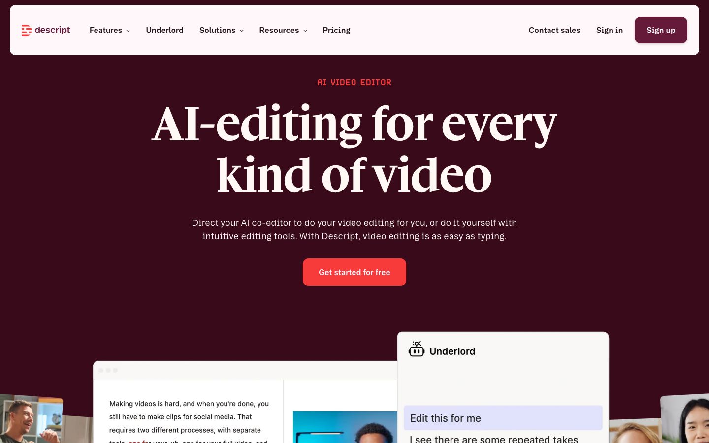 Descript homepage showing AI video editing for every kind of video.