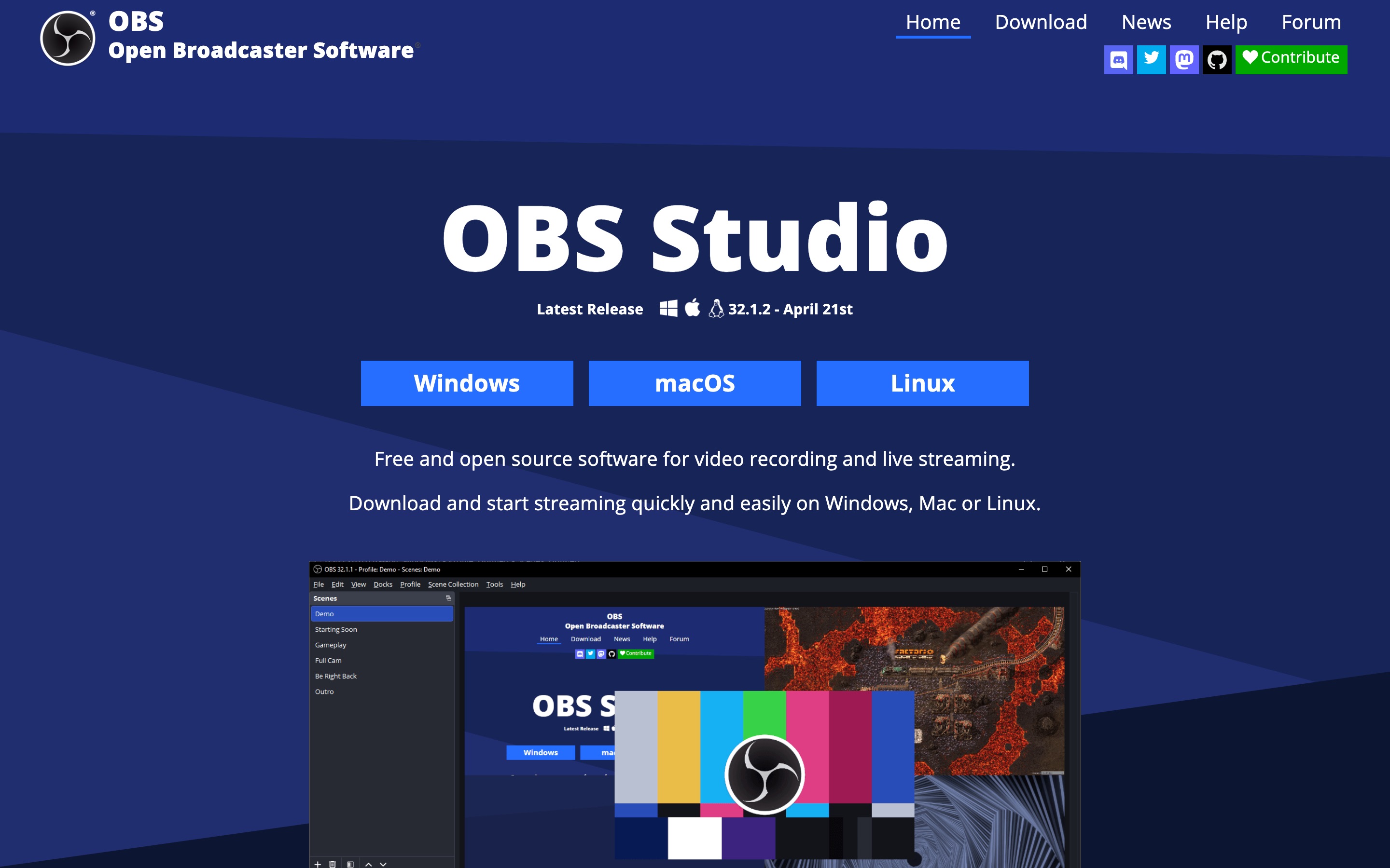 OBS Studio homepage showing free open-source screen recording and streaming software.