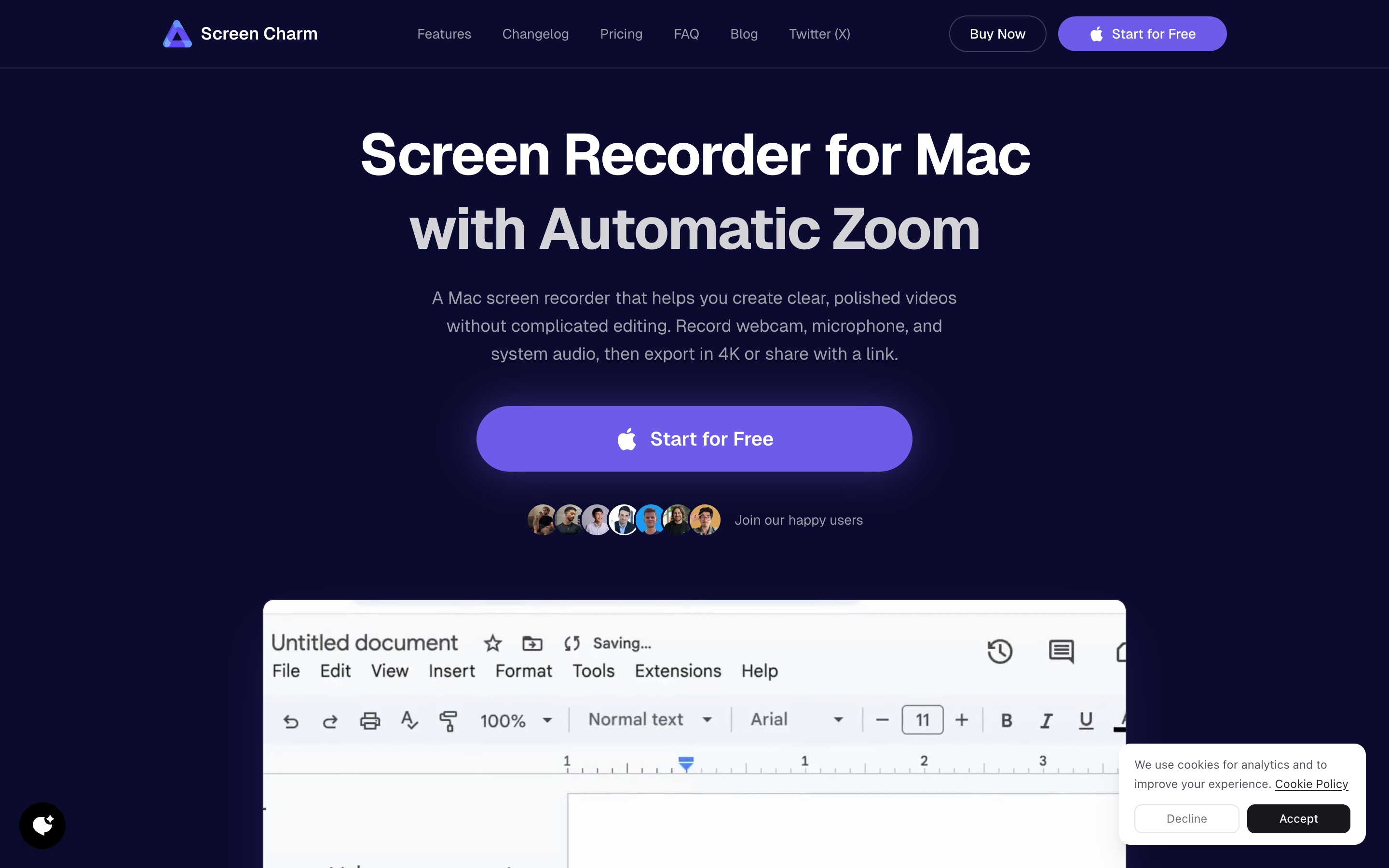 Screen Charm homepage showing a Mac screen recorder for system audio, webcam, auto-zoom, and polished screen recordings.